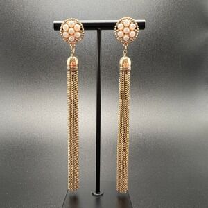 Tassel Drop Earrings Gold Tone Faux Pearl Long Statement Vintage Style Glam